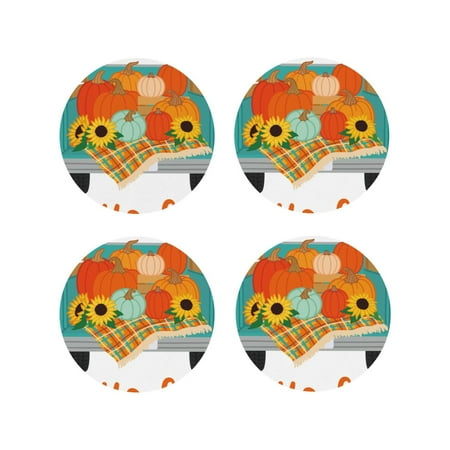 

Fuzoiu Hello Fall Farm Truck Print Leather Coasters Set Drink Coasters Set of 4 for Tabletop Protection Durable PVC Coasters Home Décor and Housewarming Gift-Round Shape