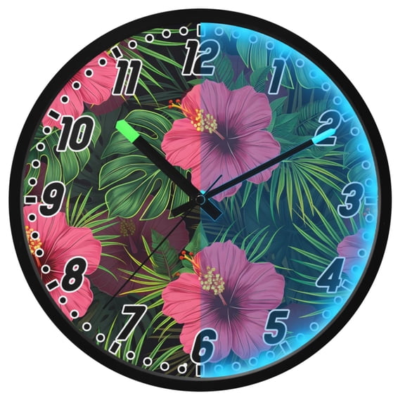 Dailycode Night Light Wall Clock Glow in The Dark 12 inch Battery Operated Silent Luminous Clocks, Pink Hibiscus Jungle