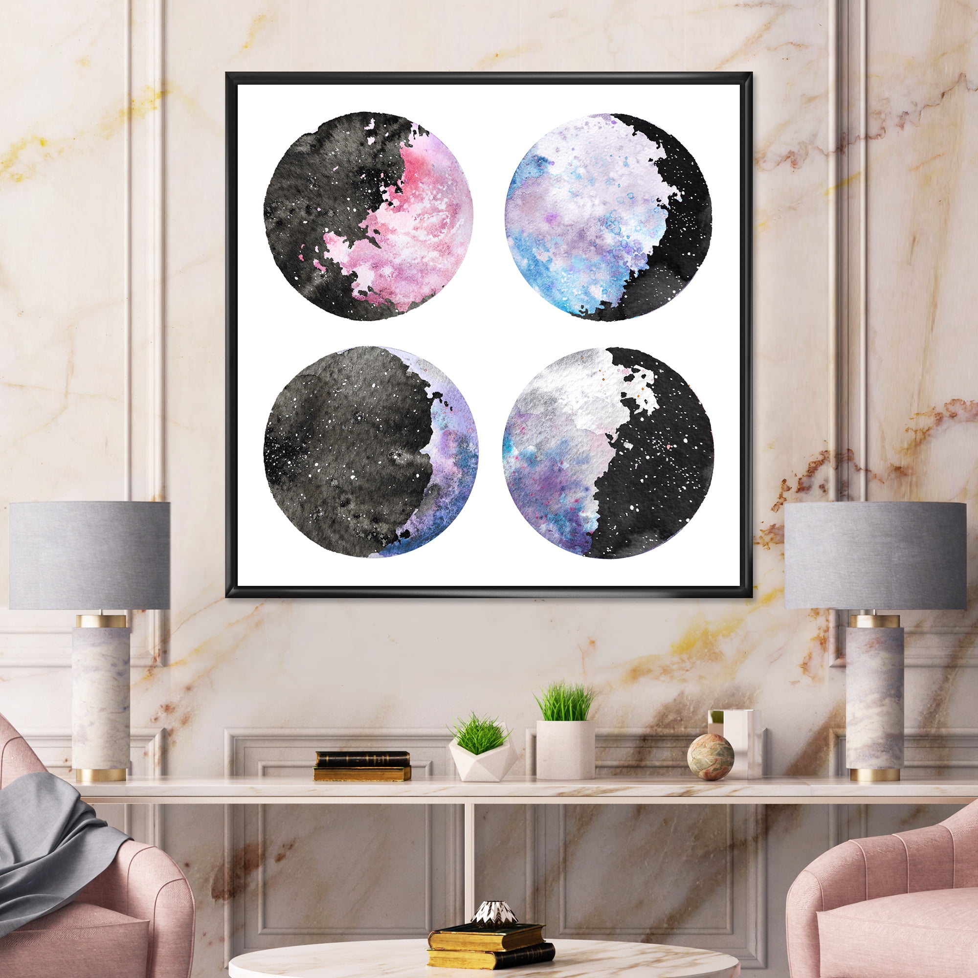 Designart 'Moon Phases With Sky and Stars' Bohemian & Eclectic Framed Canvas Wall Art Print