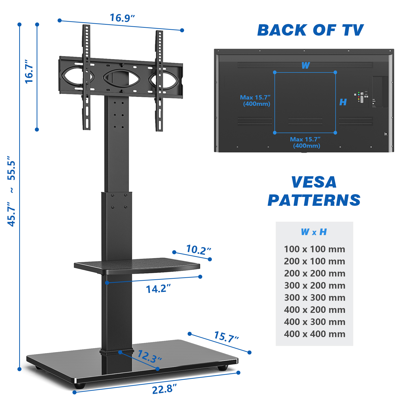 RTVR Floor TV Stand with Mount for 32-70 inch Flat Screens, Black Swivel TV Stand with Adjustable Shelf