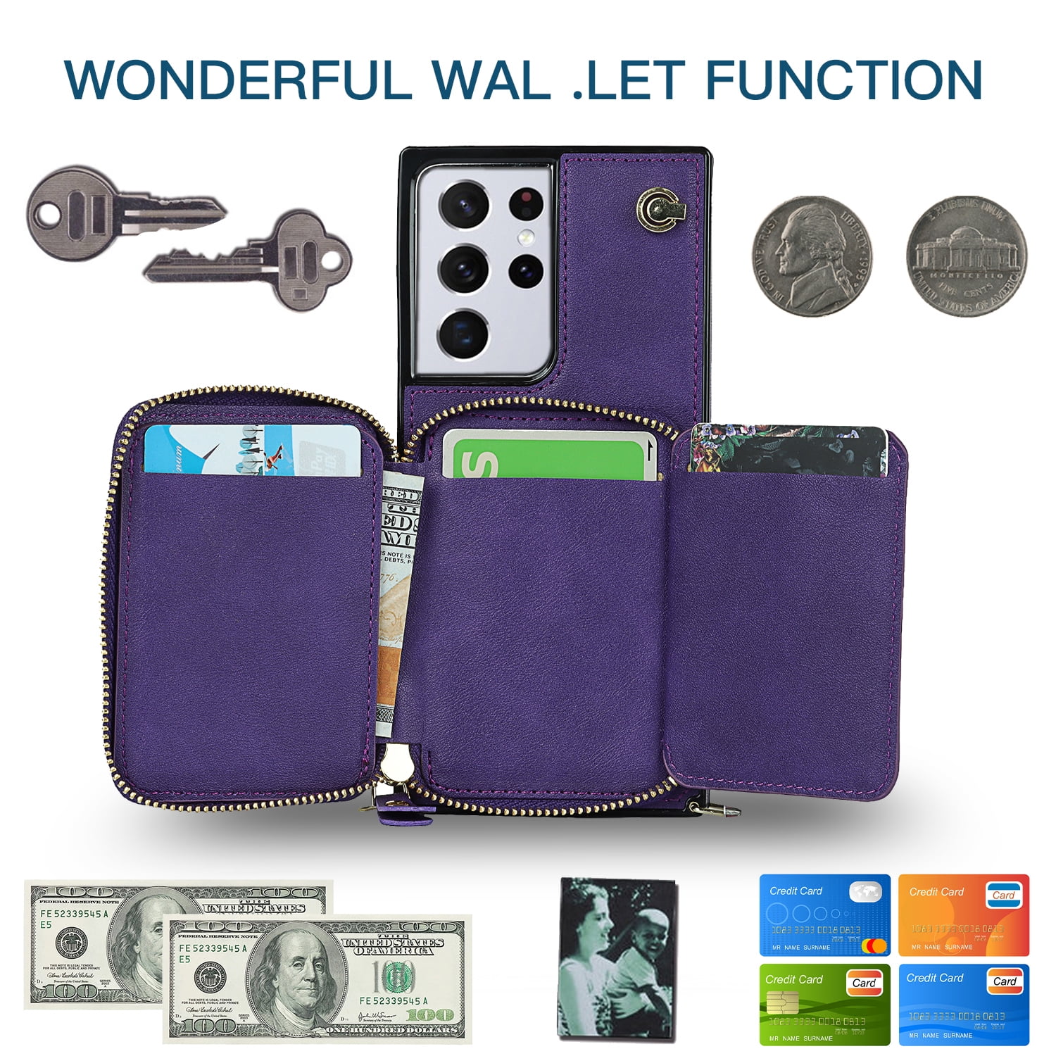 TECH CIRCLE For Galaxy S22 Ultra Wallet Case,Card Holder Phone Case for Women, Zipper PU Leather Purse Kickstand Folio Flip Case with Crossbody Strap for Samsung Galaxy S22 Ultra 6.8" 2022,Purple