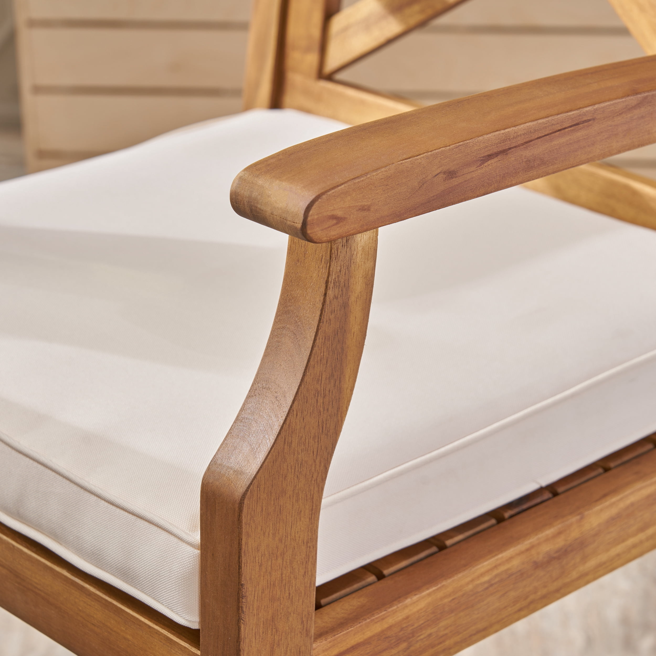 Outdoor Acacia Wood Bar Stool Set of 2, Comfort Height Seats for Patio Bar, Teak and Cream