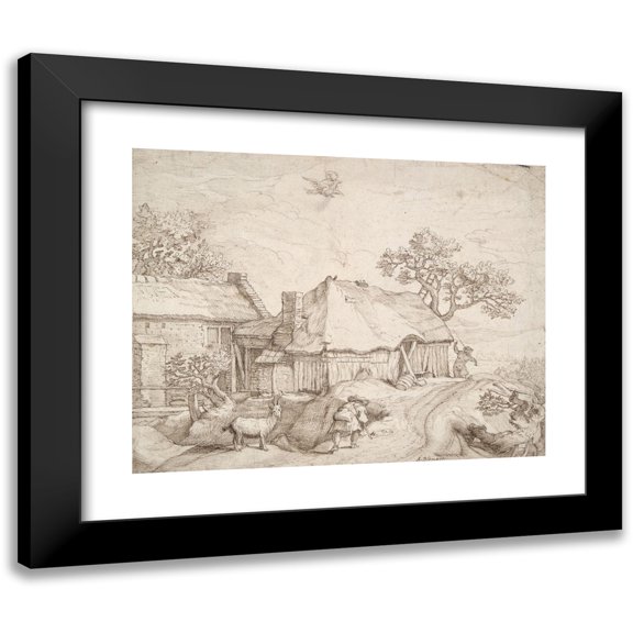 After Abraham Bloemaert 14x12 Black Modern Framed Museum Art Print Titled - Farm Buildings with Peasants, a Goat, and the Abduction Of Ganymede (17th Century)