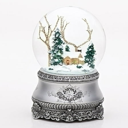 Roman 5.5" Cottage with Tree Glitter Silver Base 100mm Dome Plays I'll Be Home for Christmas