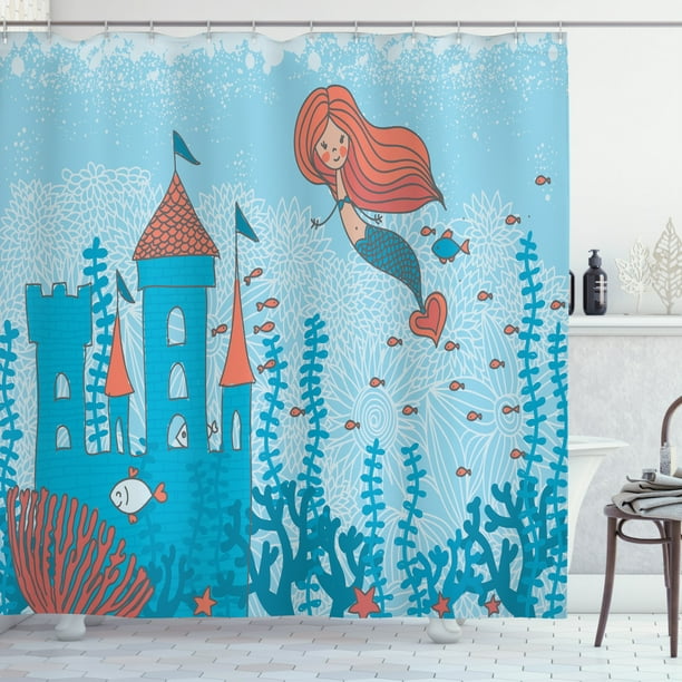 Kids Shower Curtain Set, Illustration Art of Little Mermaid Under the Sea in Corals with Castle