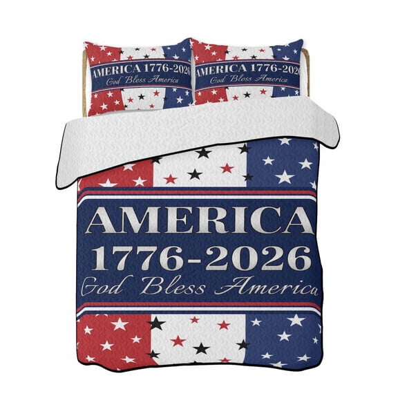 Full Size Quilt Bedding Set, America Flag Reversible Summer Quilt 3 Pieces, Red Blue White Star Independence Day Lightweight Bedspreads Coverlets with 2 Pillow Shams for All Seasons