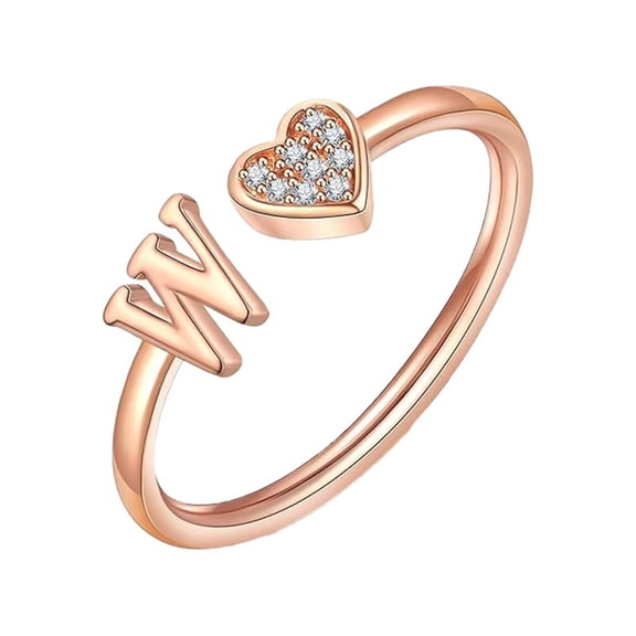 PAURO Initial Heart Rings for Women Letter Open Adjustable Alphabet Name Rose Gold Plated Stainless Steel Dainty Simple Cubic Zirconia Jewelry Rose Gold Letter W