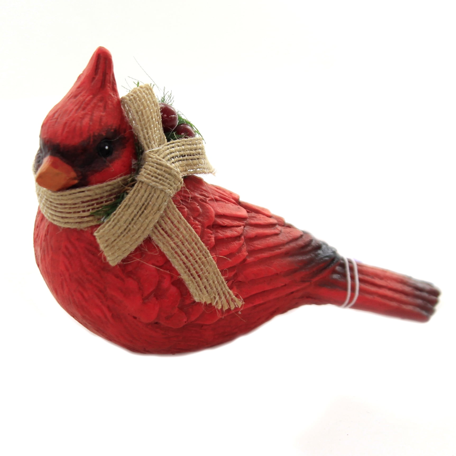 Christmas CARDINAL W/BURLAP BOW Polyresin Red Bird Figurine