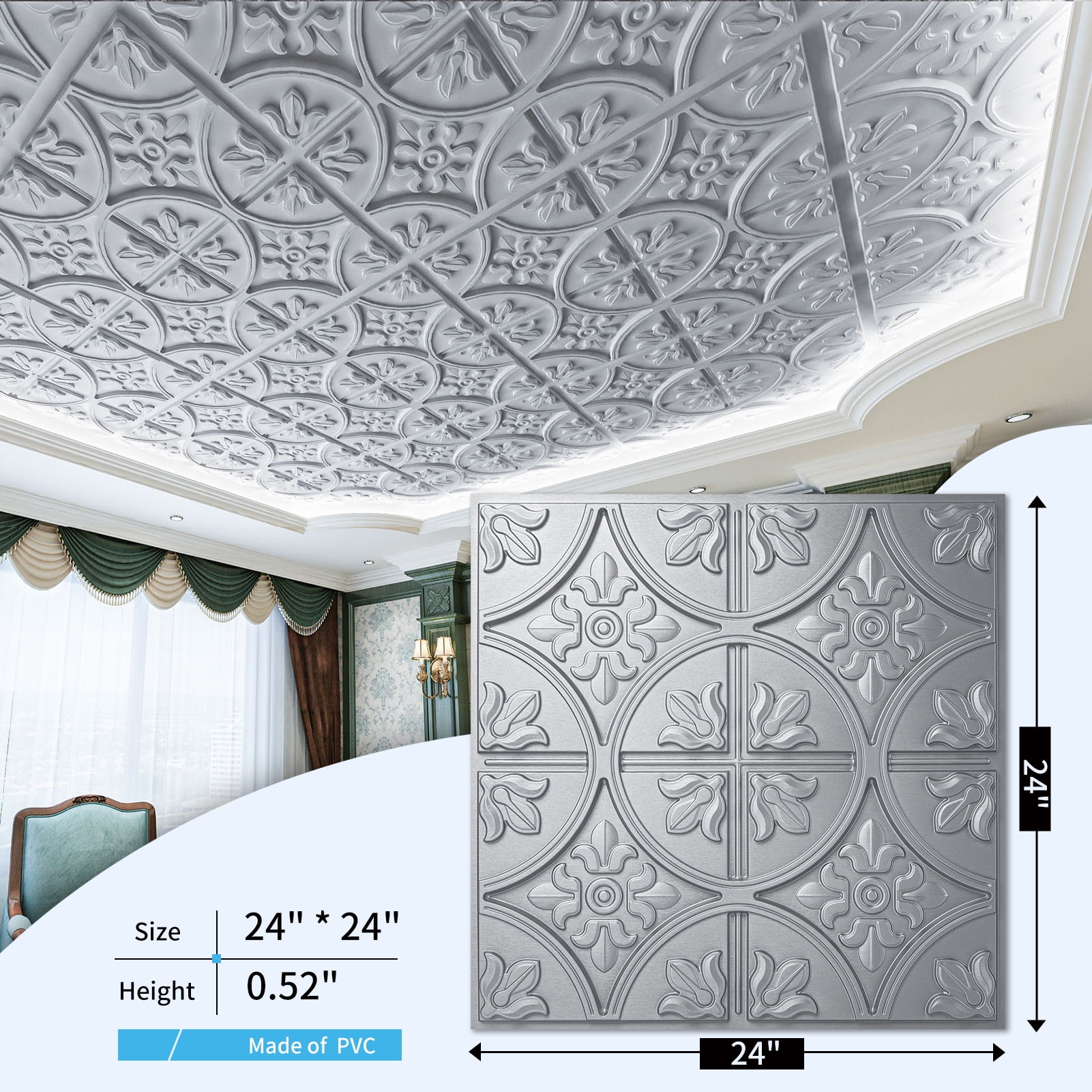 Art3d 12-Piece 24x24 inch PVC Ceiling Tiles, Fancy Classic Style in Argent Silver