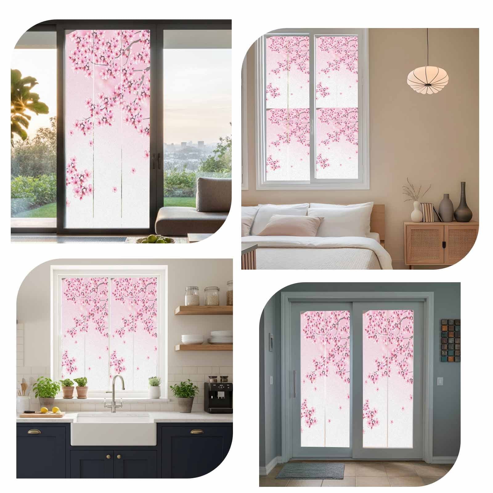 Cherry Blossom Window Privacy Film, Gradient Tree Pink Flower Plant Static Cling UV Sun Blocking Heat Control Window Tint Day and Night,Non-Adhesive Reusable One Way Windows Privacy Cover 23.6''x59''