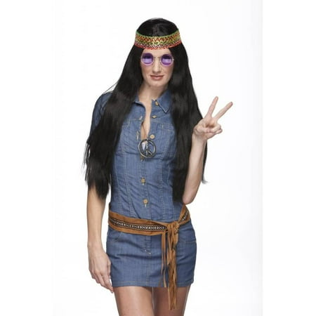 Hippie Black Synthetic Costume Wig w/ Detachable Headband