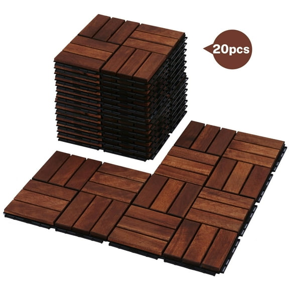BTMWAY Outdoor Wood Interlocking Flooring Tiles, 12"x12" Solid Acacia Wood Patio Deck Tiles, All-Weather Waterproof Composite Decking Floor Tiles for Backyard Balcony, Square Tiles Pack of 20, Brown