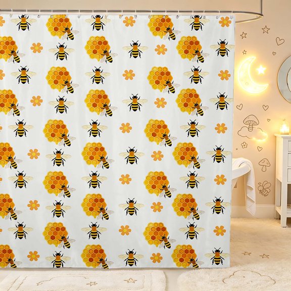 Erosebridal Kawaii Bug Bee Shower Curtain 72Wx72L,Cartoon Floral Bathroom Curtain,White Black
