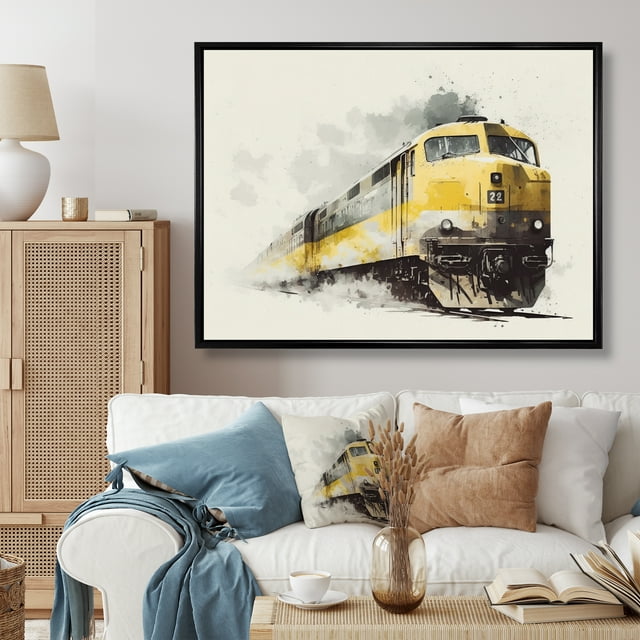Designart Décoration Murale Encadrée Surdimensionnée de Train de Transport, art Mural Encadré de Train, Rythme Symphonique des Rails I, art Mural Encadré Noir Moderne Jaune, Cadre Noir 44x34 Pouces