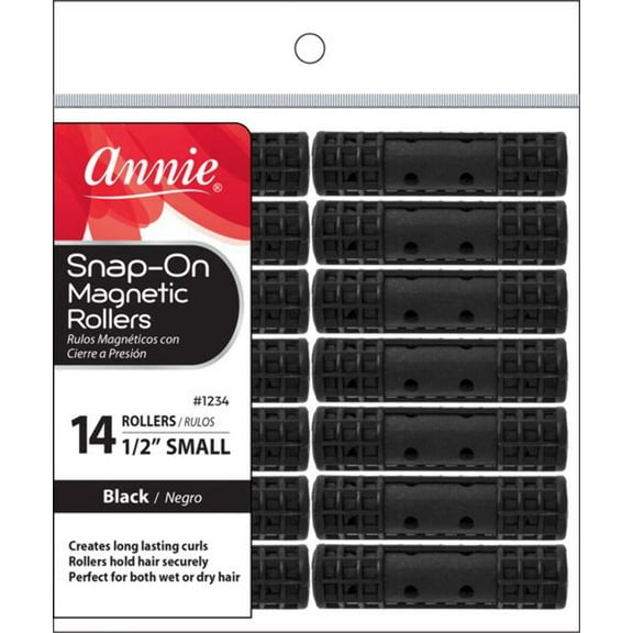 Annie Snap-On Magnetic Rollers – 1/2″ Small Size, Black, 14 Count | Smooth Curlers with Secure Snap Covers – #1234