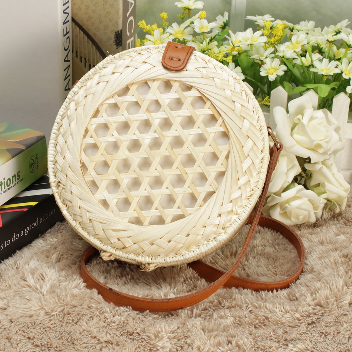 woven rattan circle crossbody bag