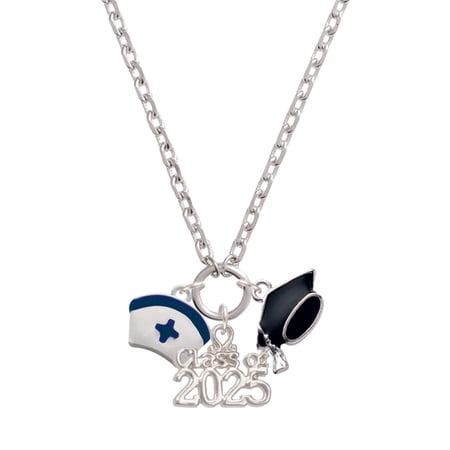 Delight Jewelry Silver-tone Nurse Hat with Blue Cross - Silver-tone Class of 2025 Graduation Zoey Necklace, 28"