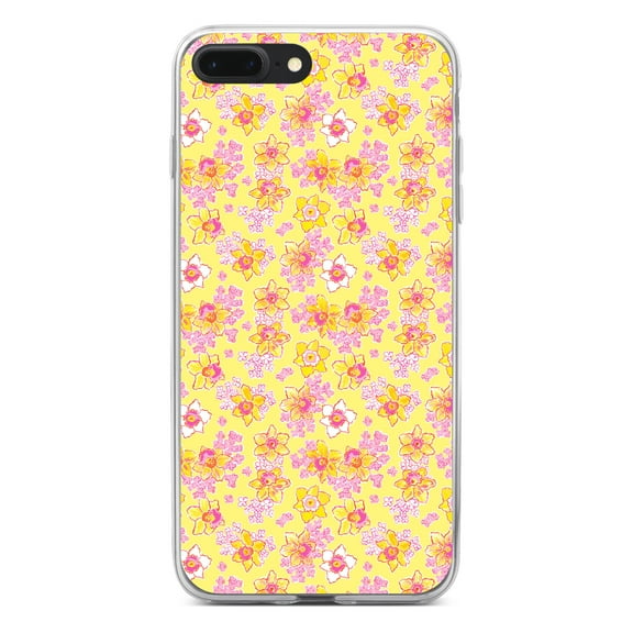DistinctInk Clear Shockproof Hybrid Case for iPhone 7 PLUS / 8 PLUS (5.5" Screen) - TPU Bumper, Acrylic Back, Tempered Glass Screen Protector - Preppy Pattern - Pink Yellow White Flowers Floral
