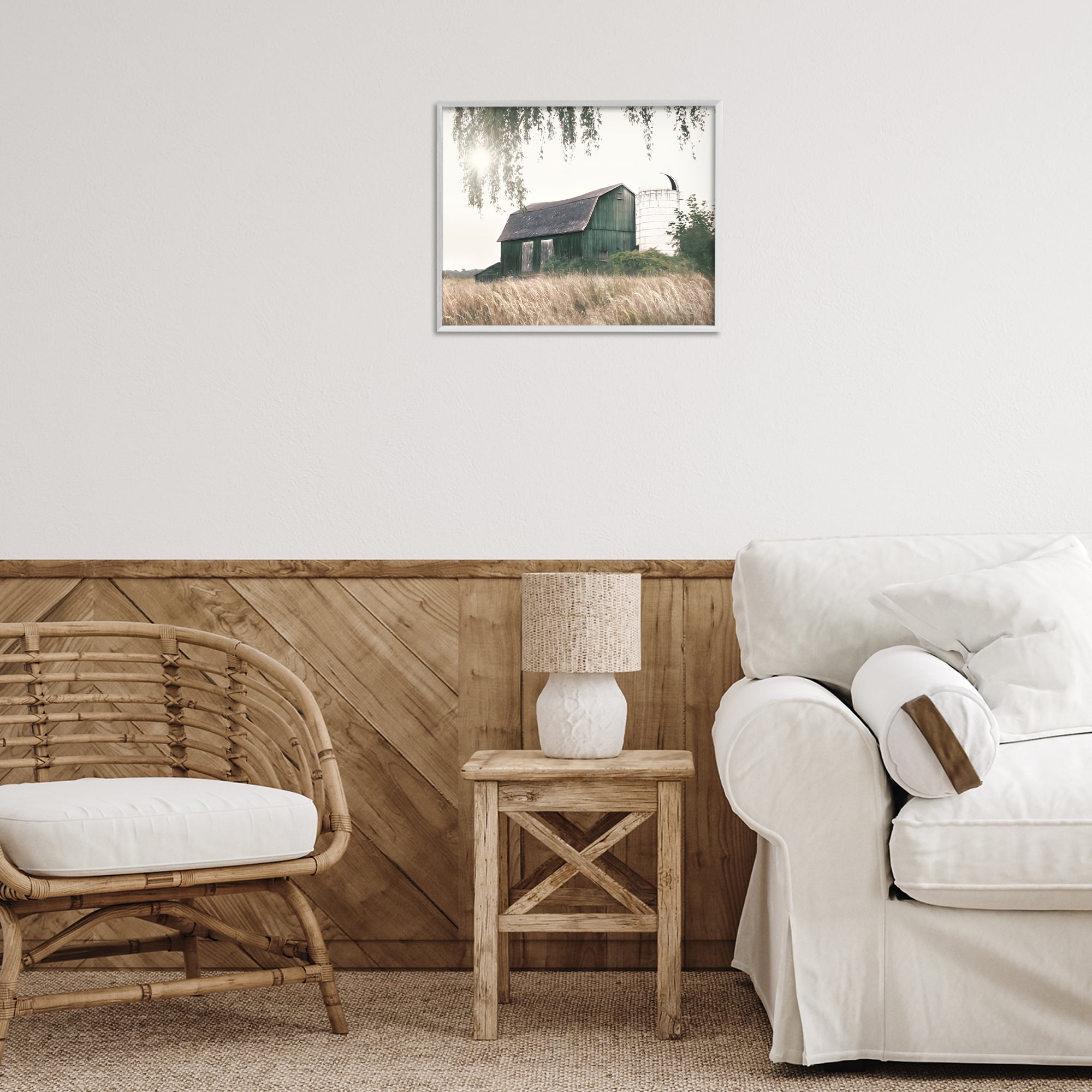 Stupell Industries Green Rustic Barn Landscape Photography White Framed Art Print Wall Art, 20 x 16