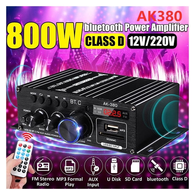 AK170/270/370/380 800W 12V Hifi Power Amplifier Stereo Home Car BASS Audio Amp Car Speaker Class D Car Home Sound Power Amp ,Bluetooth 5.0