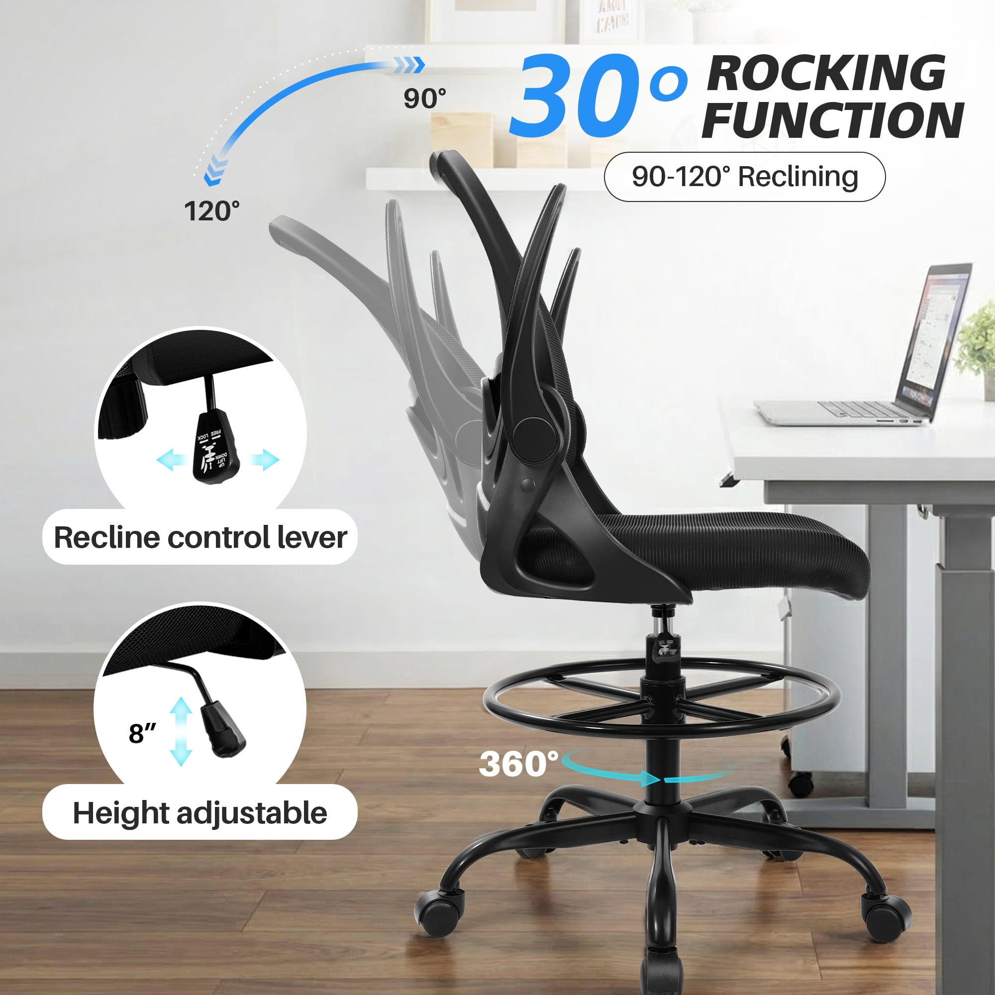 STACOO Ergonomic Office Chair, Drafting Chair with Flip-up Armrests, Executive Computer Standing Desk Chair with Lumbar Support and Adjustable Footrest Ring, Black
