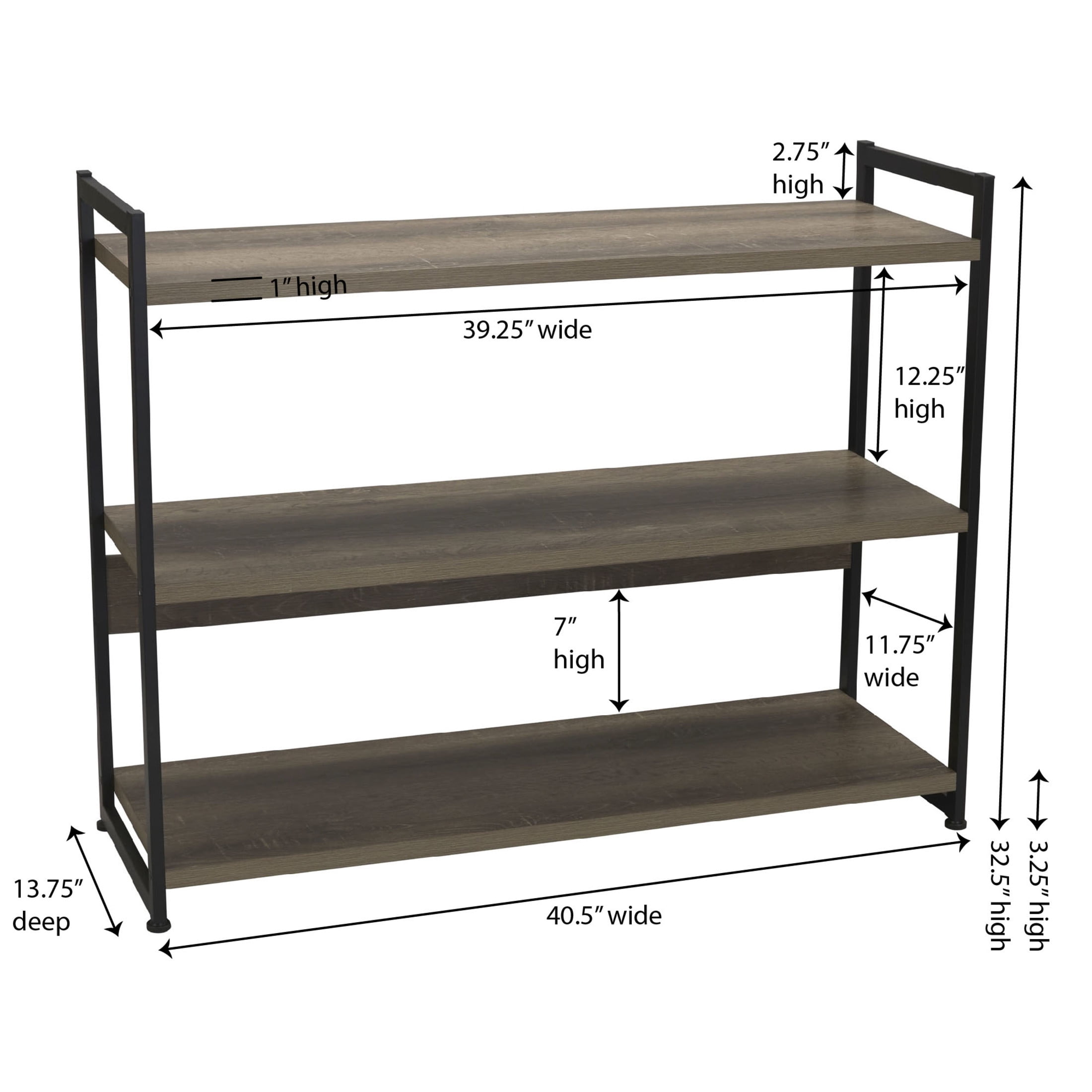 Household Essentials Jamestown Wide 3 Shelf Open Storage Bookshelf Ashwood Rustic Wood Grain and Black Metal