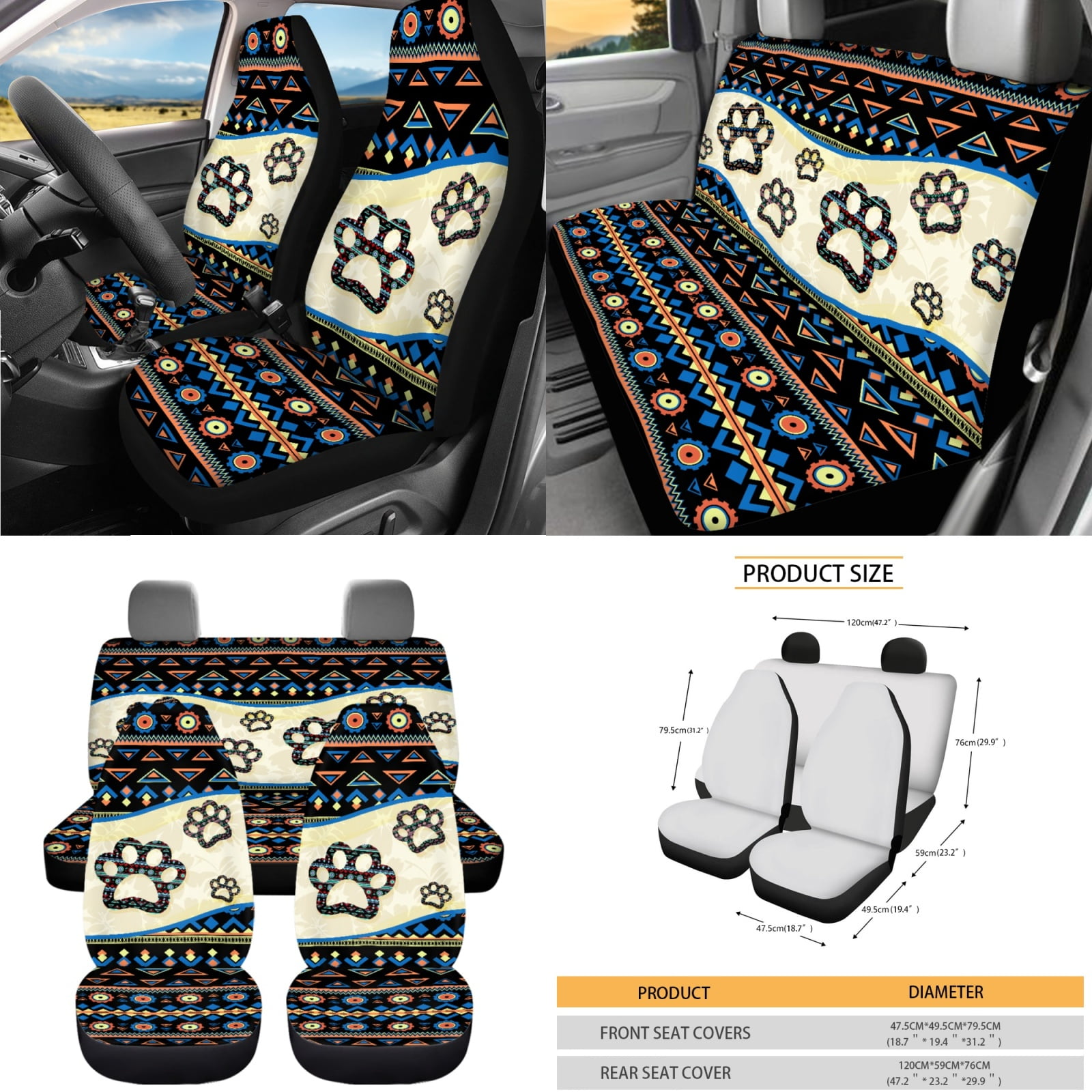 Yuyamidu 15 Piece Dog Paw Car Seat Covers Full Set Western Aztec Steering Wheel Cover Safe Belt Pads Trash Bin Rearview Mirror Cover Coasters Keychain Car Vent Organizer Car Decoration, 15 PCS