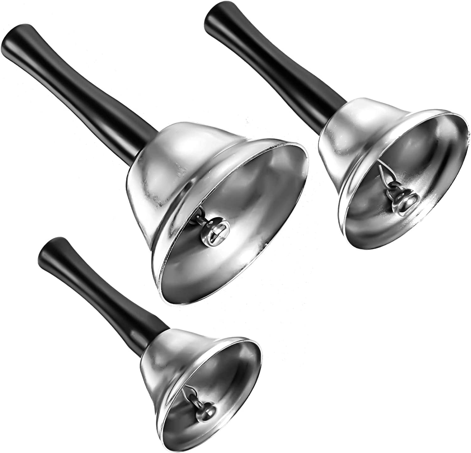 3 Pieces Steel Handbell Hand Bell Call Bell Black Wooden Handle