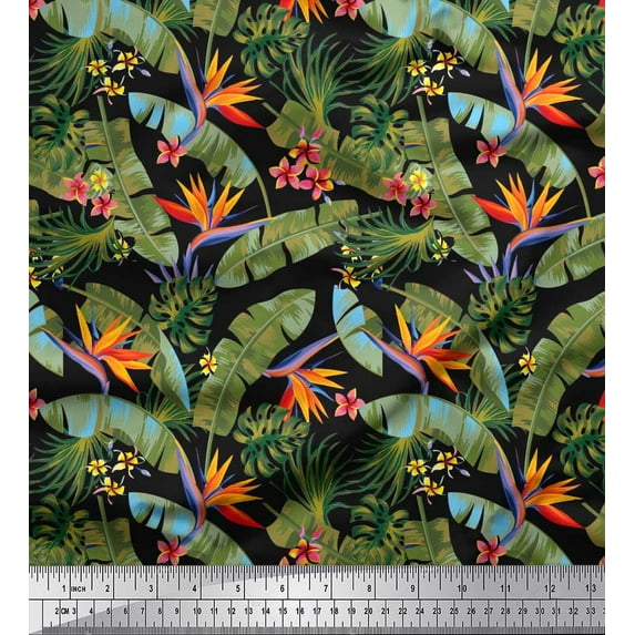 Soimoi Velvet Fabric Tropical Leaves,Plumeria & Heliconia Floral Print Fabric by The Yard 58 Inch Wide