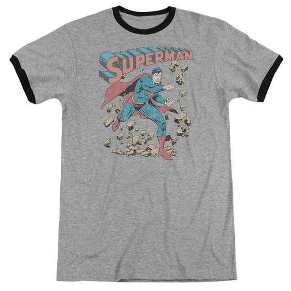 Superman Mad At Rocks Adult Ringer T-Shirt Heather Black
