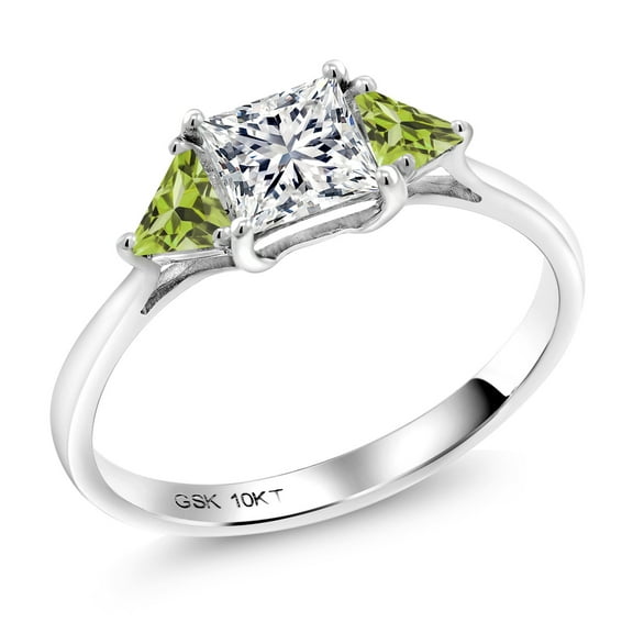 Gem Stone King 10K White Gold Lab Grown Diamond and Green Peridot Engagement Ring for Women | 1.08 Cttw | Princess 5MM | Gemstone April Birthstone | Size 9