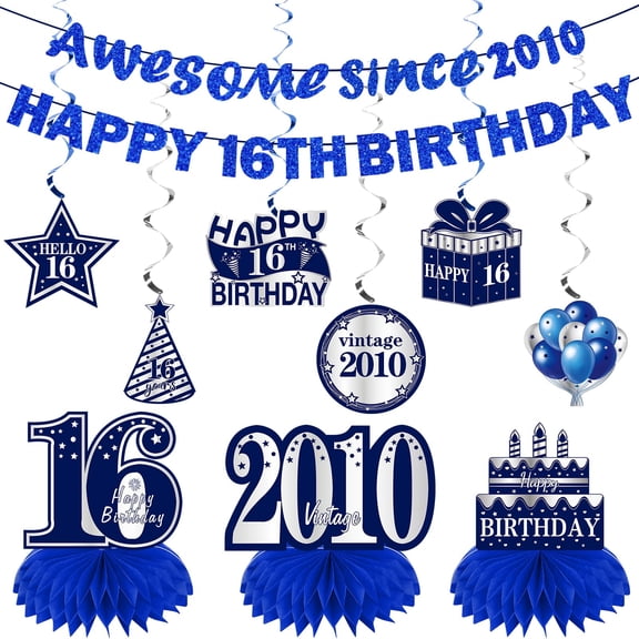11Pcs 16th Birthday Decorations Kit for Boys Men, Blue Sliver Happy 16th Birthday Banner, Awesome Since 2010 Centerpieces Swirls Party Supplies, Sixteen Bday Banner Ceiling Table Topper Sign