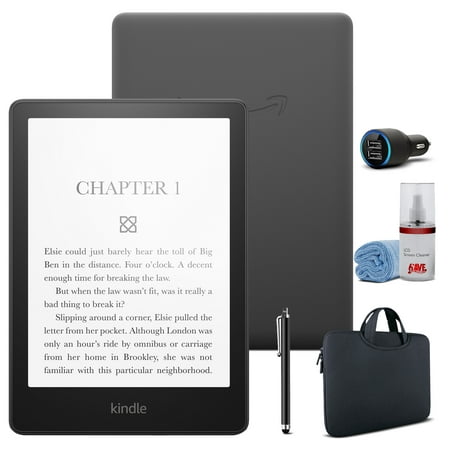 Amazon Kindle Paperwhite 6.8" 8GB E-Reader (2021) - Black Bundle with Zipper Sleeve + USB Car Adapter + Stylus + Screen Cleaner