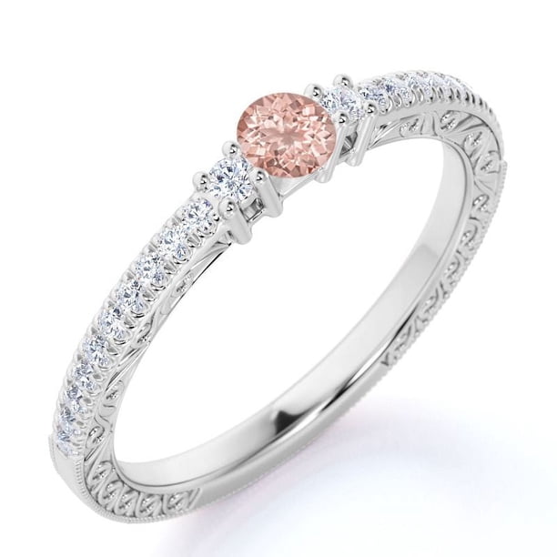 JeenMata Anillo de Compromiso Sencillo de 0,75 Uds, Morganita Rosa Redonda Creada, de Inspiración Vintage, Piedra Natal de Octubre, Delicado, Oro Blanco de 18 K sobre Plata