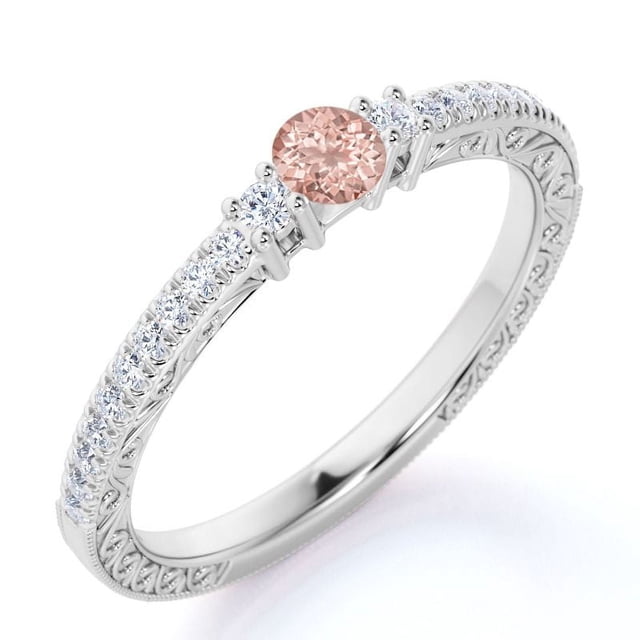 JeenMata Anillo de Compromiso Sencillo de 0,75 Uds, Morganita Rosa Redonda Creada, de Inspiración Vintage, Piedra Natal de Octubre, Delicado, Oro Blanco de 18 K sobre Plata