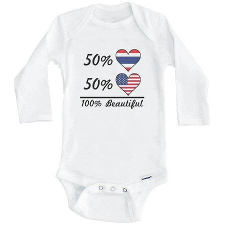 

50% Thai 50% American 100% Beautiful Thailand Flag Heart One Piece Baby Bodysuit (Long Sleeve) 6-9 Months White