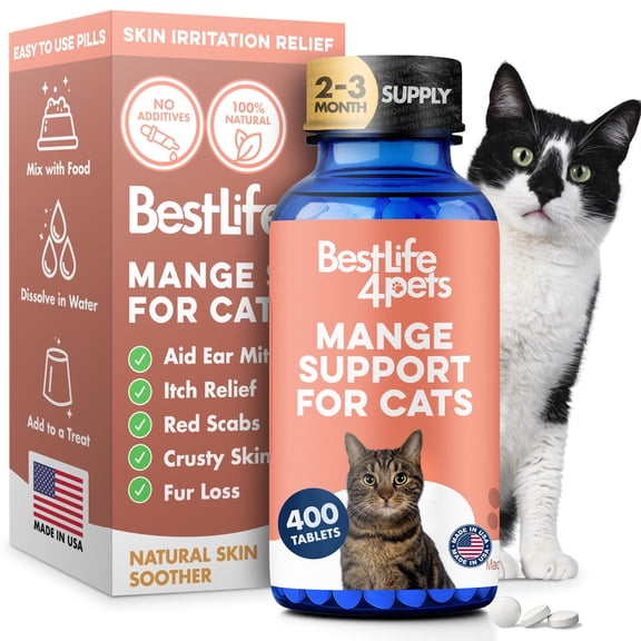 BestLife4Pets Mange Supplement for Cats - Natural Ear Mite Solution - Helps with Cat Skin Irritation and Dandruff