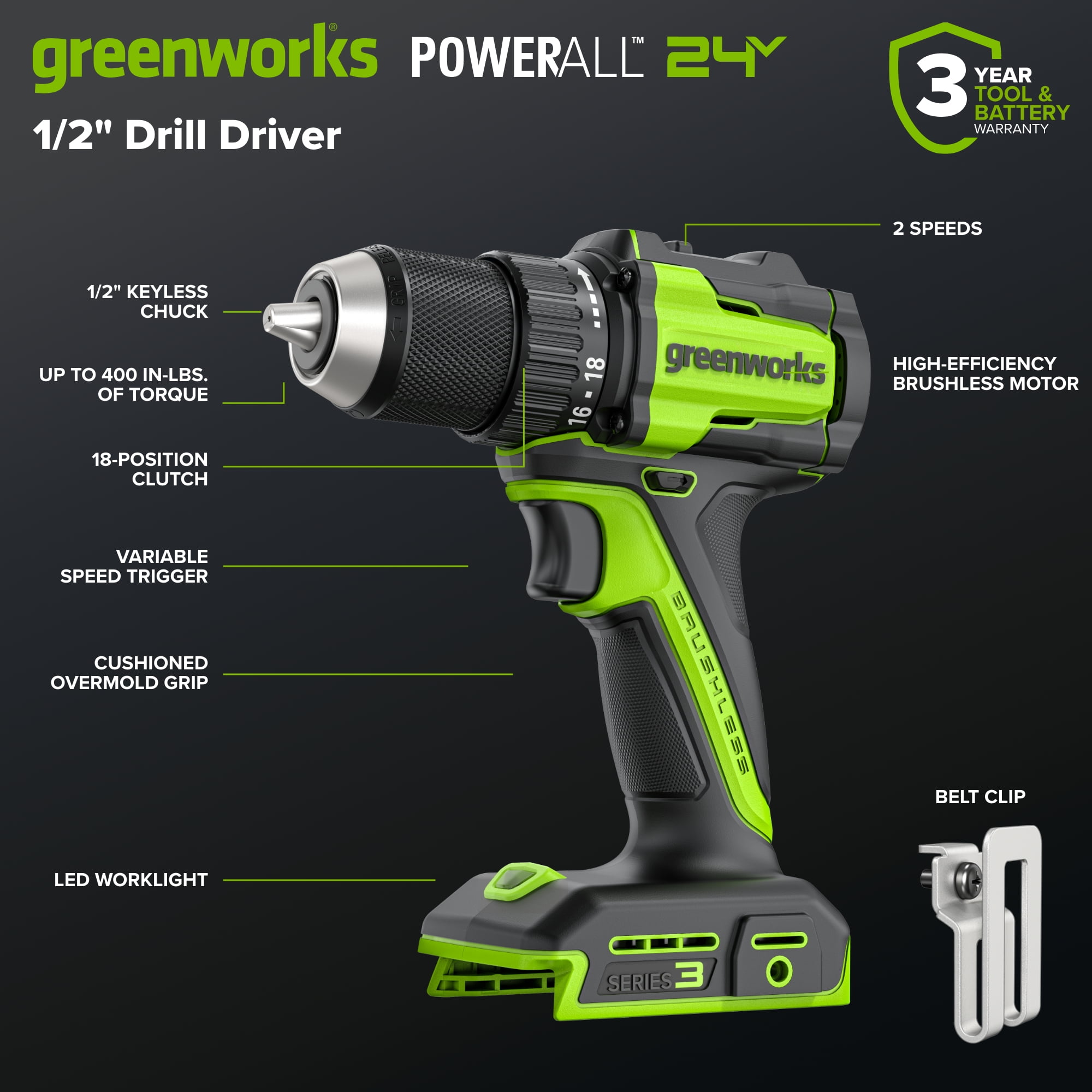 Greenworks 24V Cordless Brushless 400 in-lbs Drill/Driver+1950 in-lbs Impact Driver Combo,High Torque, Lightweight,w/(2) 2.0Ah USB-C Batteries,12000mAh Power Bank and 65W 3-Port USB-C Fast Charger