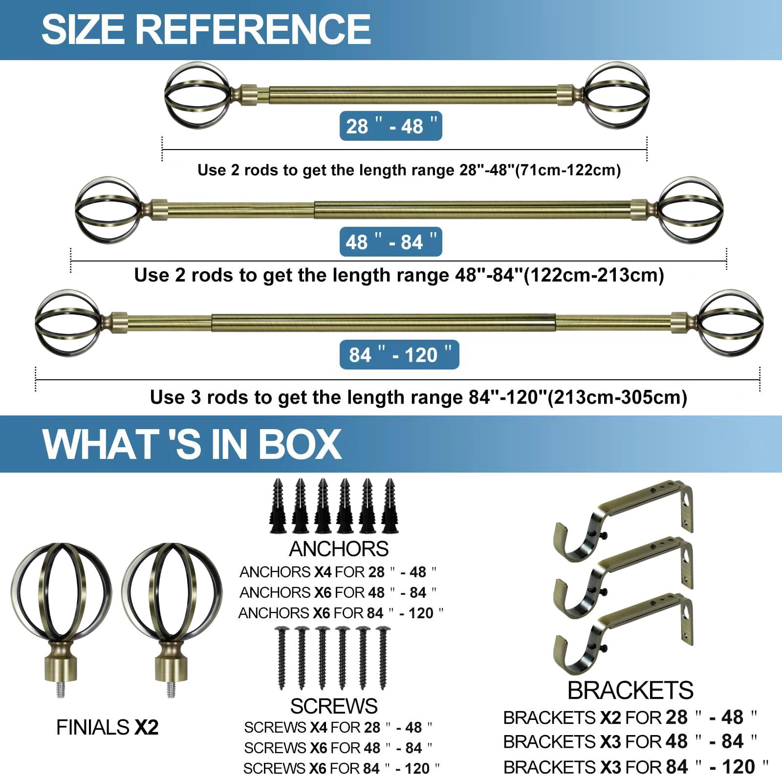 Urbanest 3/4" Diameter Designer Steel Cage Single Curtain Rod – Heavy Metal Decorative Finials, Drapery Hardware for Window Treatments, 84" to 120", Antique Brass
