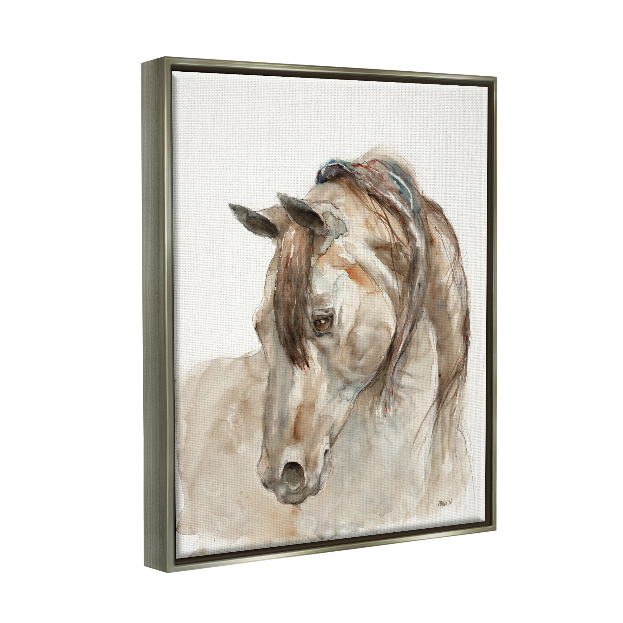 Stupell Industries Gentle Horse Portrait Farm Animal Watercolor Detail Painting Luster Gray Floating Framed Canvas Print Wall Art, Design by Patti Mann
