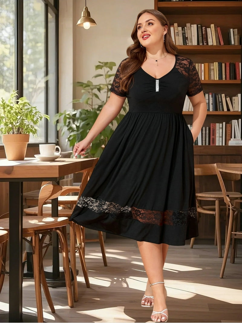 LapaPlus Plus Size Dresses for Womens Sequins Summer Casual Short Sleeve  Elegant Lace Wedding Cocktail Party Dresses with Pockets - Walmart.com