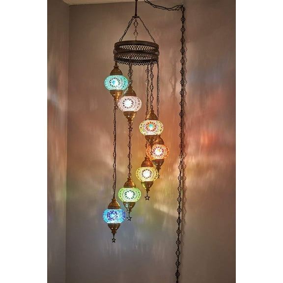 DEMMEX 7 Globes Swag Plug in Turkish Moroccan Mosaic Bohemian Tiffany Ceiling Hanging Pendant Light Lamp Chandelier Lighting with 15Feet Cord Chain and Plug, 50" Height (Turquoise)