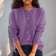 thumbnail image 6 of Women Button Down Knit Cardigan Long Sleeve Crew Neck Basic Layering Knitted Sweater Tops Purple L, 6 of 6