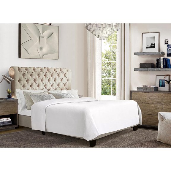 Rosevera Atherine Upholstered Bed Frame/Fabric Upholstered Bed Frame with Adjustable Headboard/Chesterfield-Styled/Rolled Head/Wood Slat Support/Easy Assembly,Queen, Beige