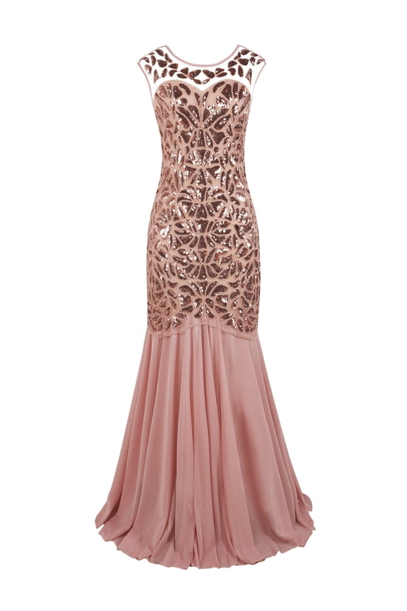 Women's 1920s Vintage Sequin Dress Gatsby Flapper Formal Summer O Neck Glitter Long Mesh Evening Prom Dress Pink