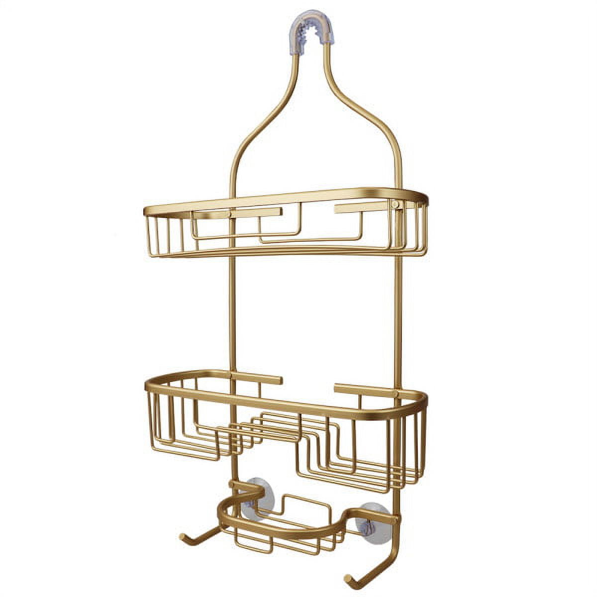 Home Basics 2 Tier Aluminum Suctioned Shower Caddy with Towel Rack and  Integrated Hooks, Gold, SHOWER