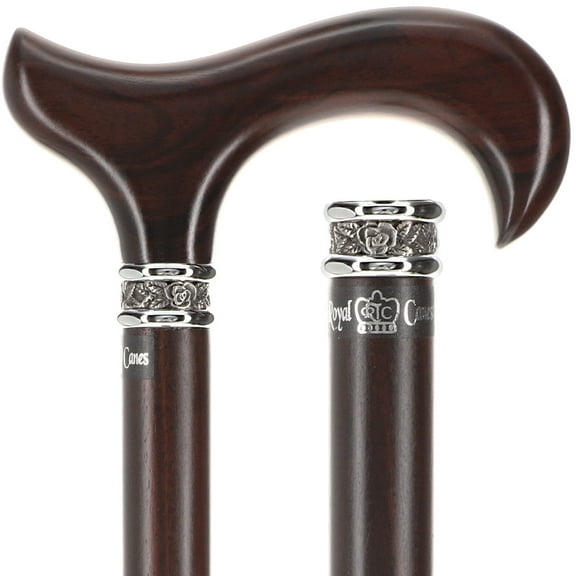 Premium Ebony Derby Walking Cane - Exquisite Wood Grain, Handcrafted Pewter Collar - Elegant Walking Stick for Men and Women