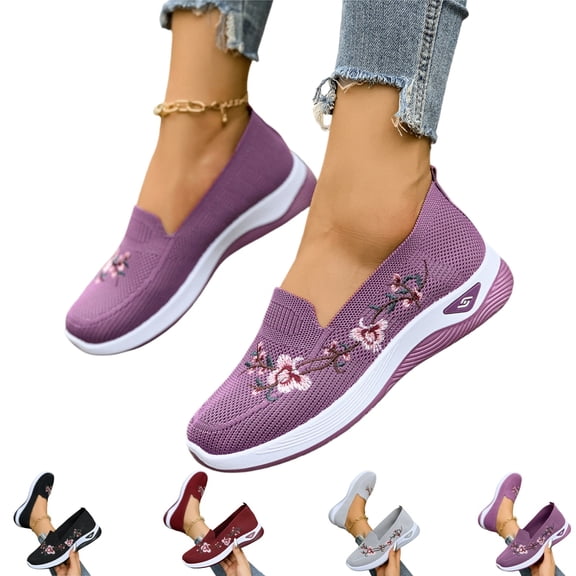 YOUYEDIAN Orthopedic Shoes for Women Arch Support Sneakers Breathable Non Slip Slip on Walking Shoes Knitted Mesh Stretch Comfort 2026 Foam Shoes (Purple)
