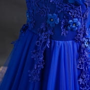 IBTOM CASTLE Little Big Girls Flower Tulle Dress Princess Pageant Wedding Birthday Party Formal Long Dance Evening Maxi Gown 13-14 Years Royal Blue