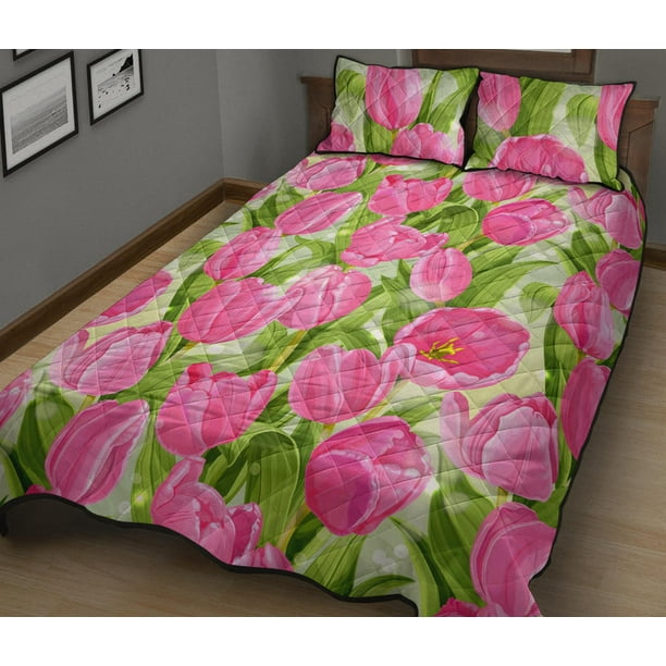 Juego de cama acolchado con estampado de tulipanes rosas Bodega